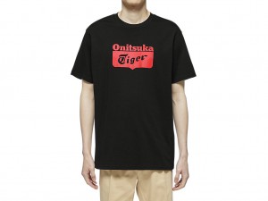 Onitsuka Tiger Logo Tee Kleidung Herren Schwarz Rot | UK5108392