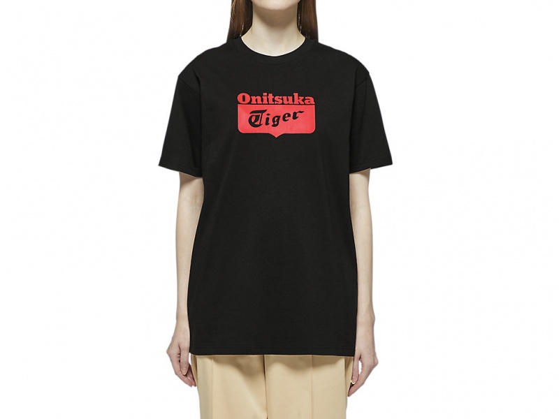 Onitsuka Tiger Logo Tee Kleidung Damen Schwarz Rot | WY6574280