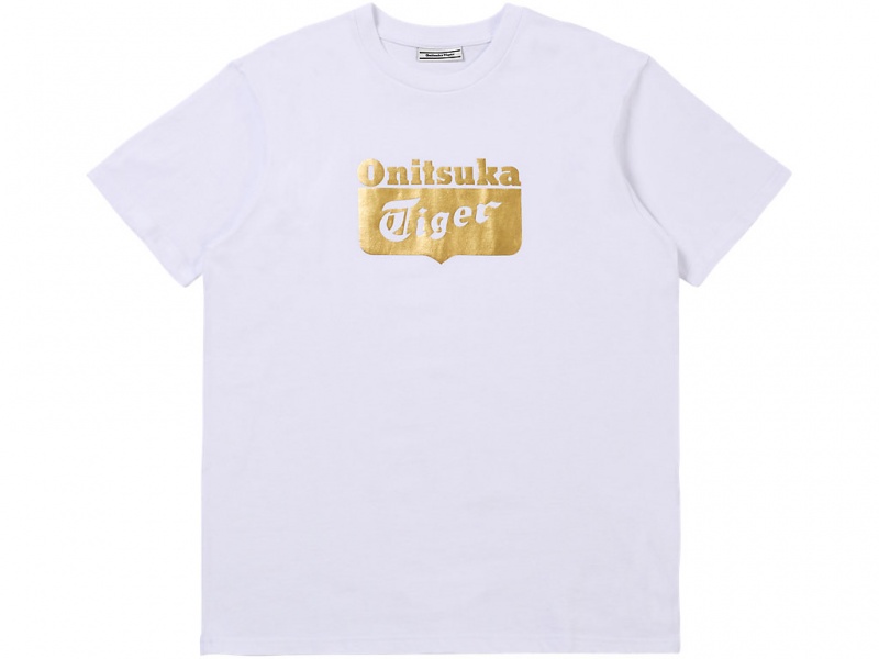 Onitsuka Tiger Logo Tee Kleidung Herren Weiß Gold | NX8075469