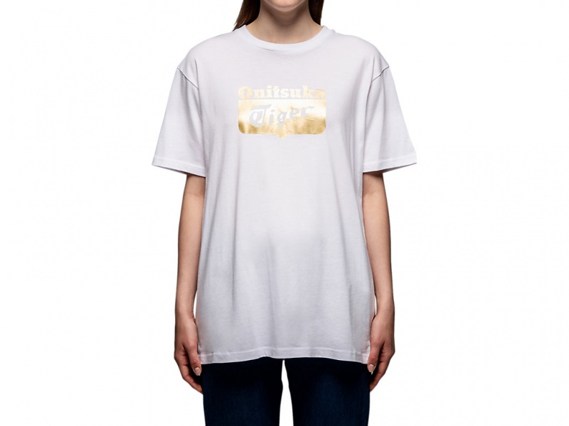 Onitsuka Tiger Logo Tee Kleidung Herren Weiß Gold | NX8075469