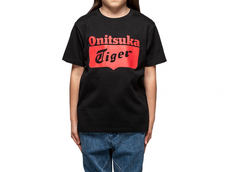 Onitsuka Tiger Logo Tee Oberteile Kinder Schwarz Rot | QY5126078