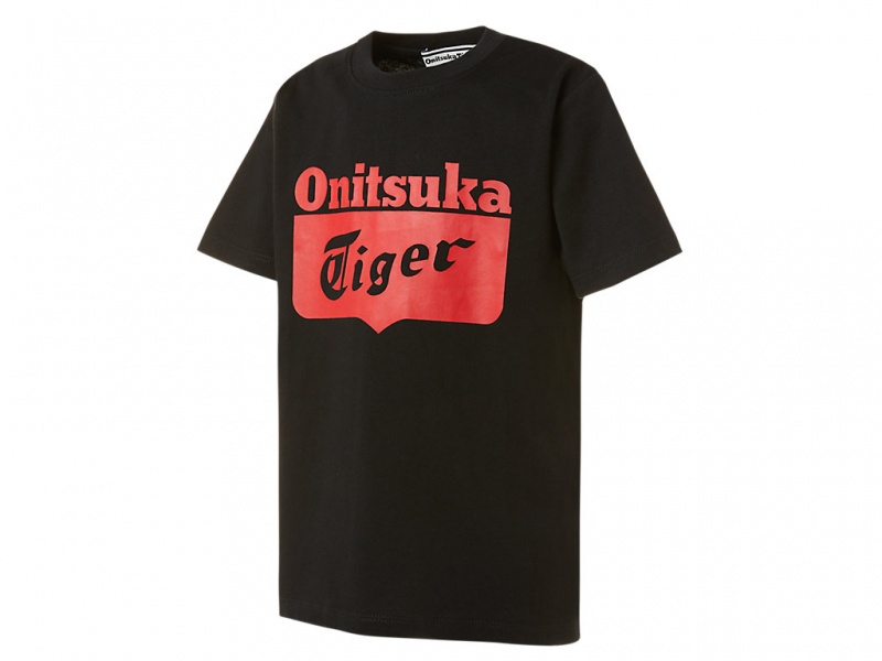 Onitsuka Tiger Logo Tee Oberteile Kinder Schwarz Rot | QY5126078